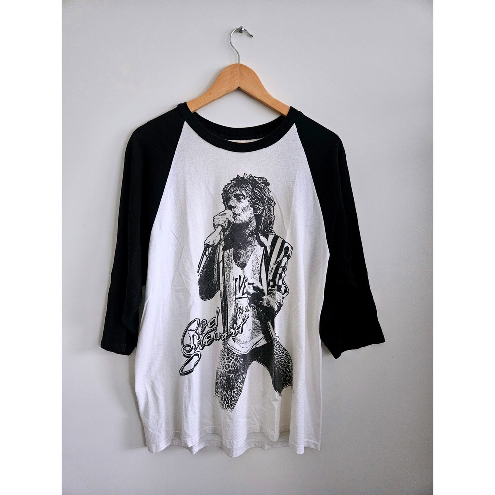 Anvil Rod Stewart Raglan Shirt Mens Large White Black Rock Band Graphic Tee VTG